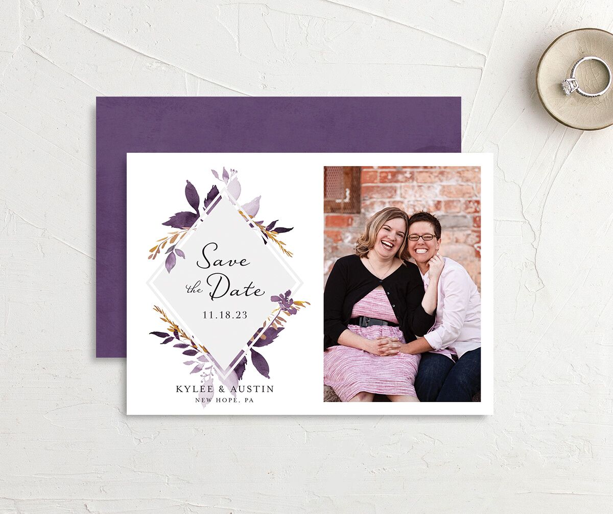 Watercolor Foliage Save the Date Cards front-and-back in Jewel Purple