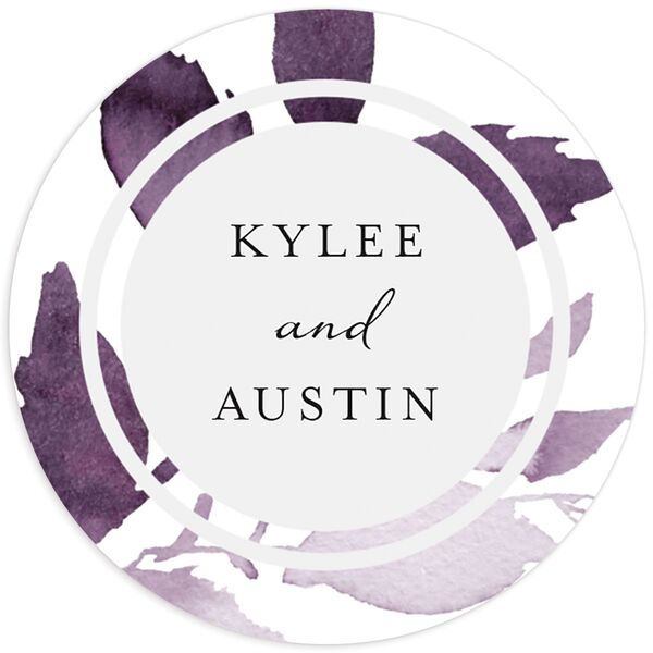 Watercolor Foliage Wedding Stickers front in Jewel Purple