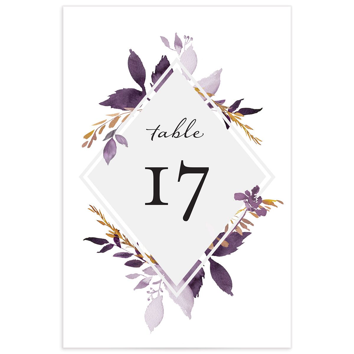 Watercolor Foliage Table Numbers front in Jewel Purple