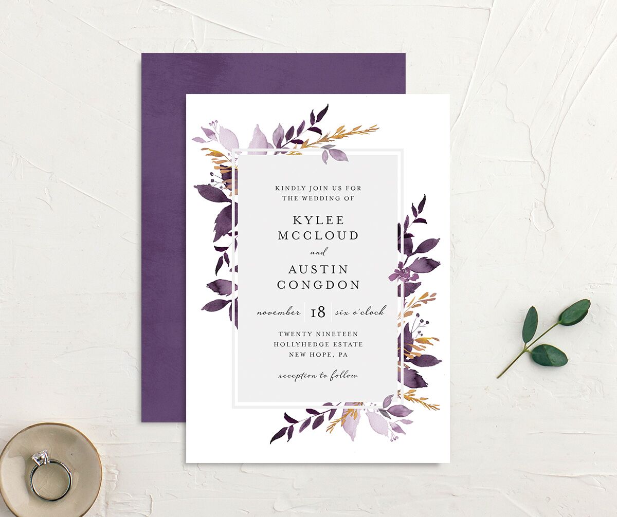Watercolor Foliage Wedding Invitations front-and-back in Jewel Purple