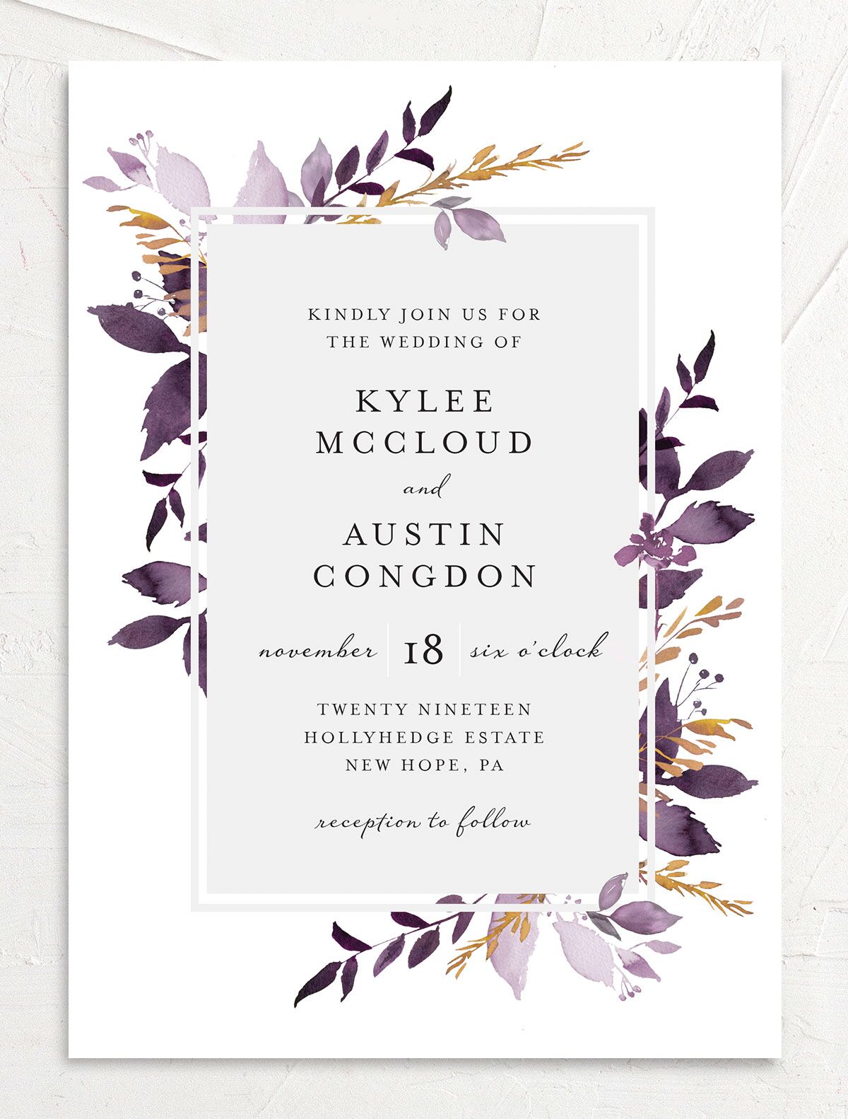 Watercolor Foliage Wedding Invitations front in Jewel Purple