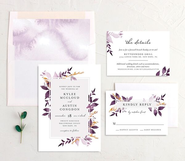 Watercolor Foliage Wedding Invitations suite in Jewel Purple