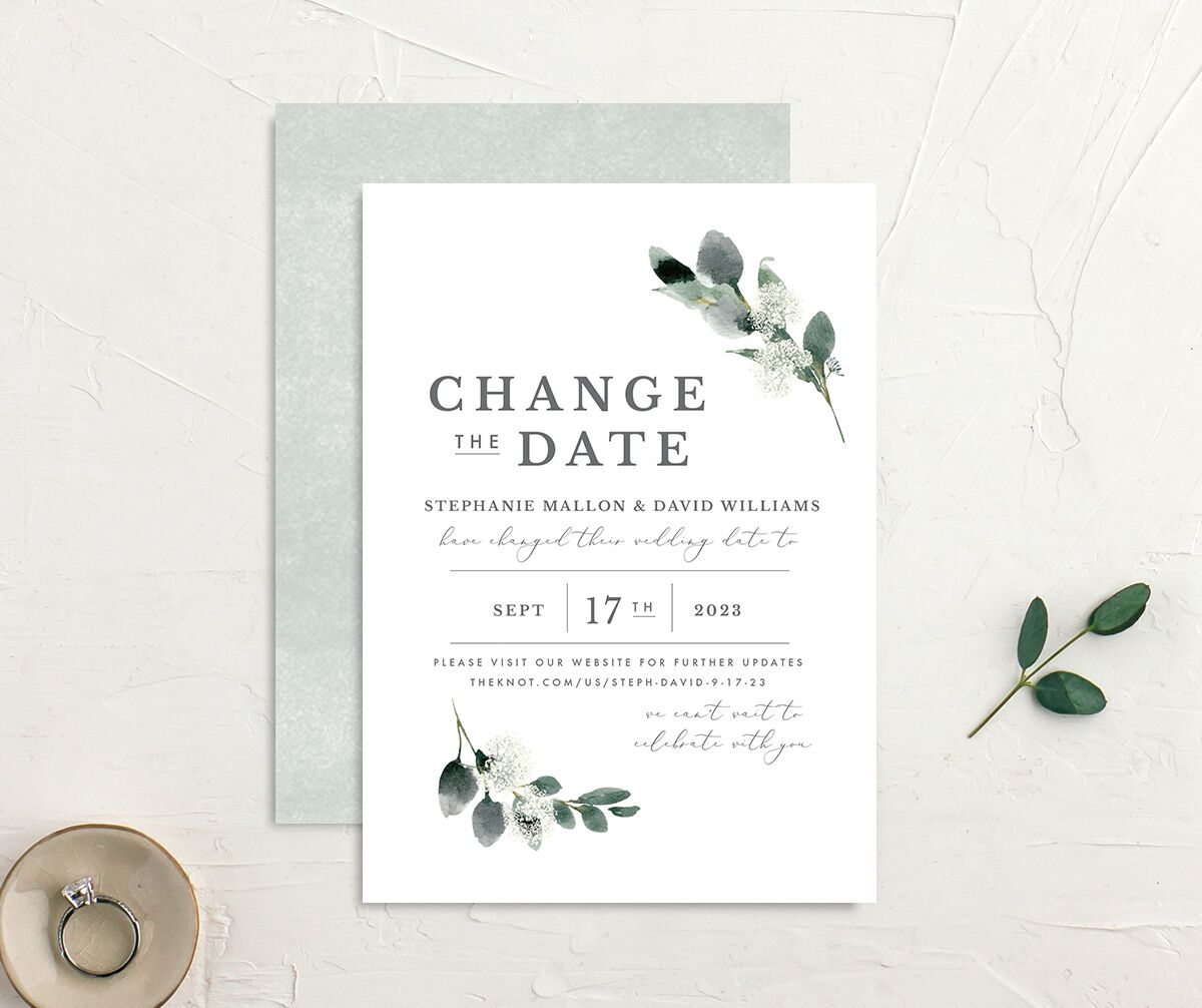 Earthy Flora Change the Date Cards front-and-back in Pure White