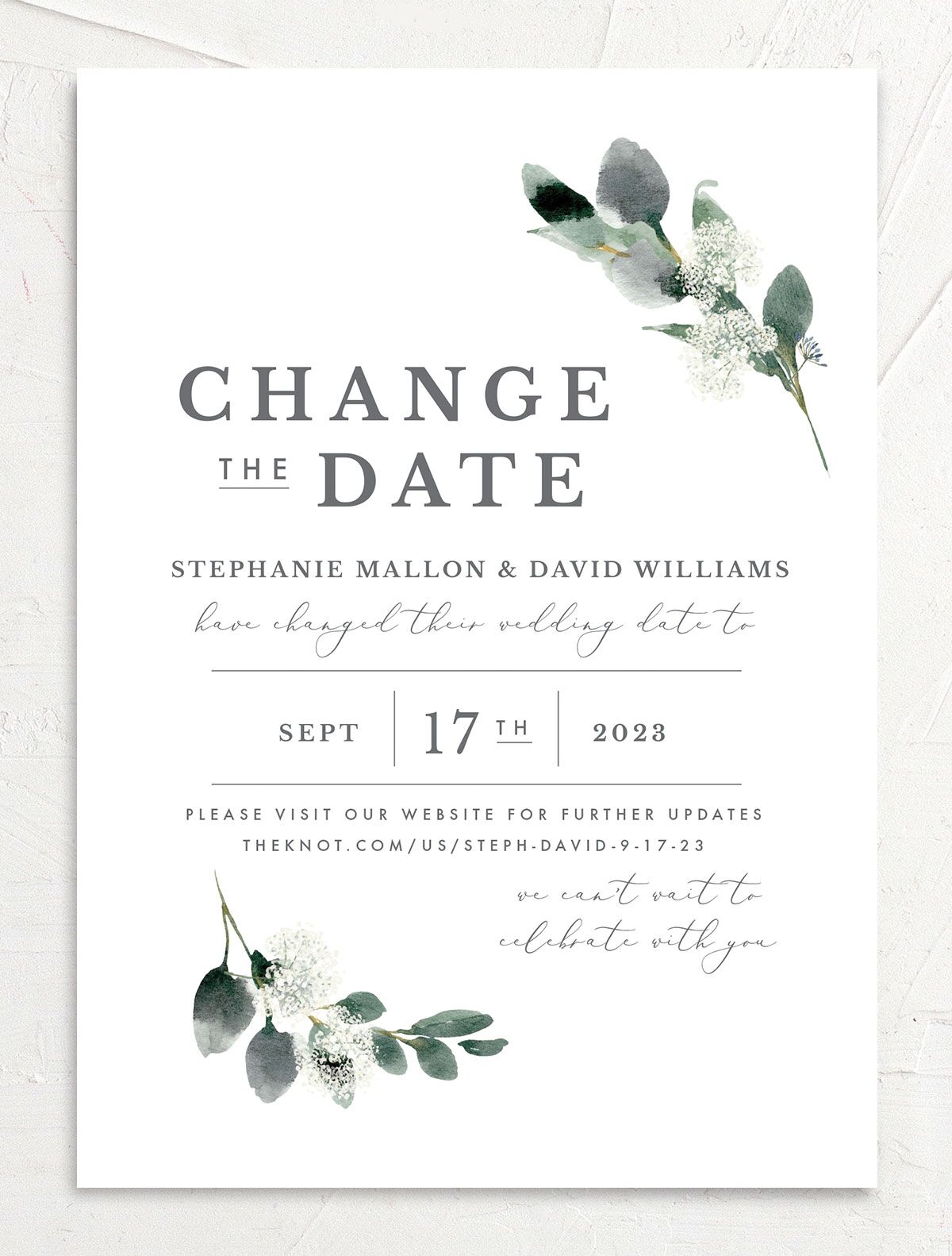 Earthy Flora Change the Date Cards front in Pure White