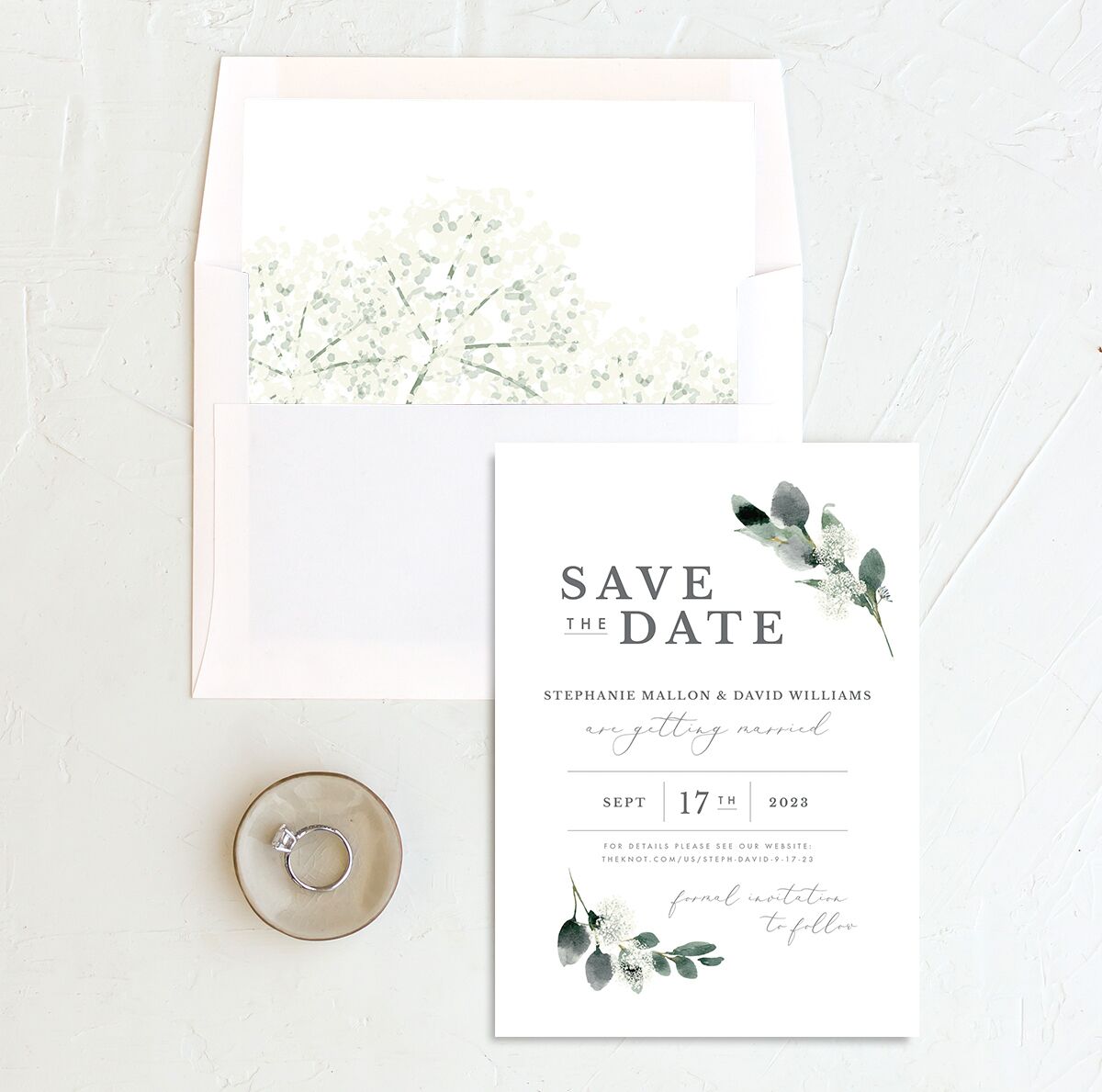 Earthy Flora Save the Date Cards envelope-and-liner in Pure White