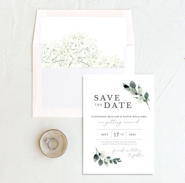 Earthy Flora Save the Date Cards envelope-and-liner in Pure White
