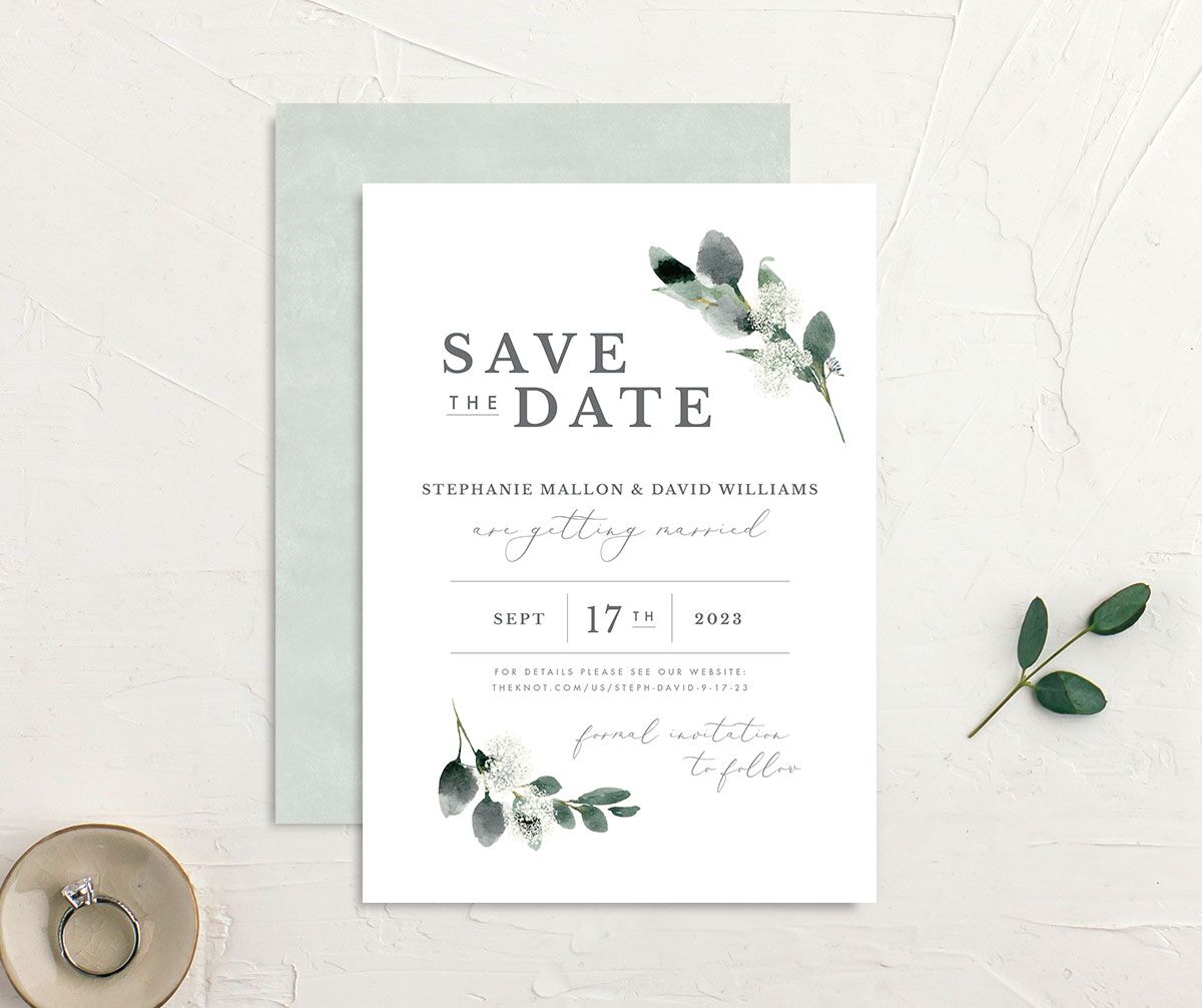 Earthy Flora Save the Date Cards front-and-back in Pure White