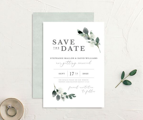 Earthy Flora Save the Date Cards front-and-back in Pure White