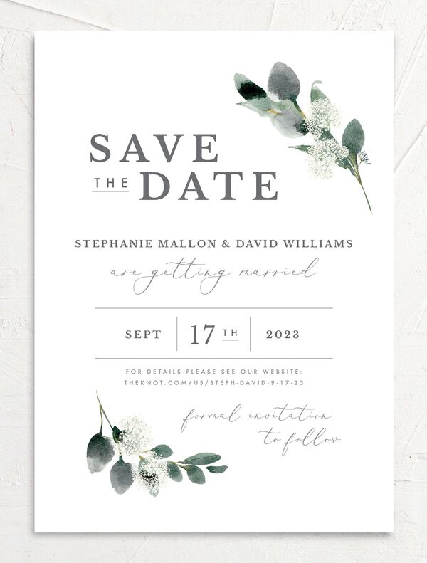 Earthy Flora Save the Date Cards front in Pure White