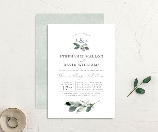 Earthy Flora Wedding Invitations front-and-back in Pure White