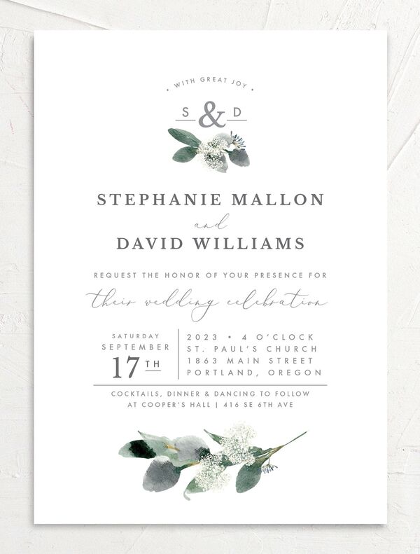 Earthy Flora Wedding Invitations front in Pure White