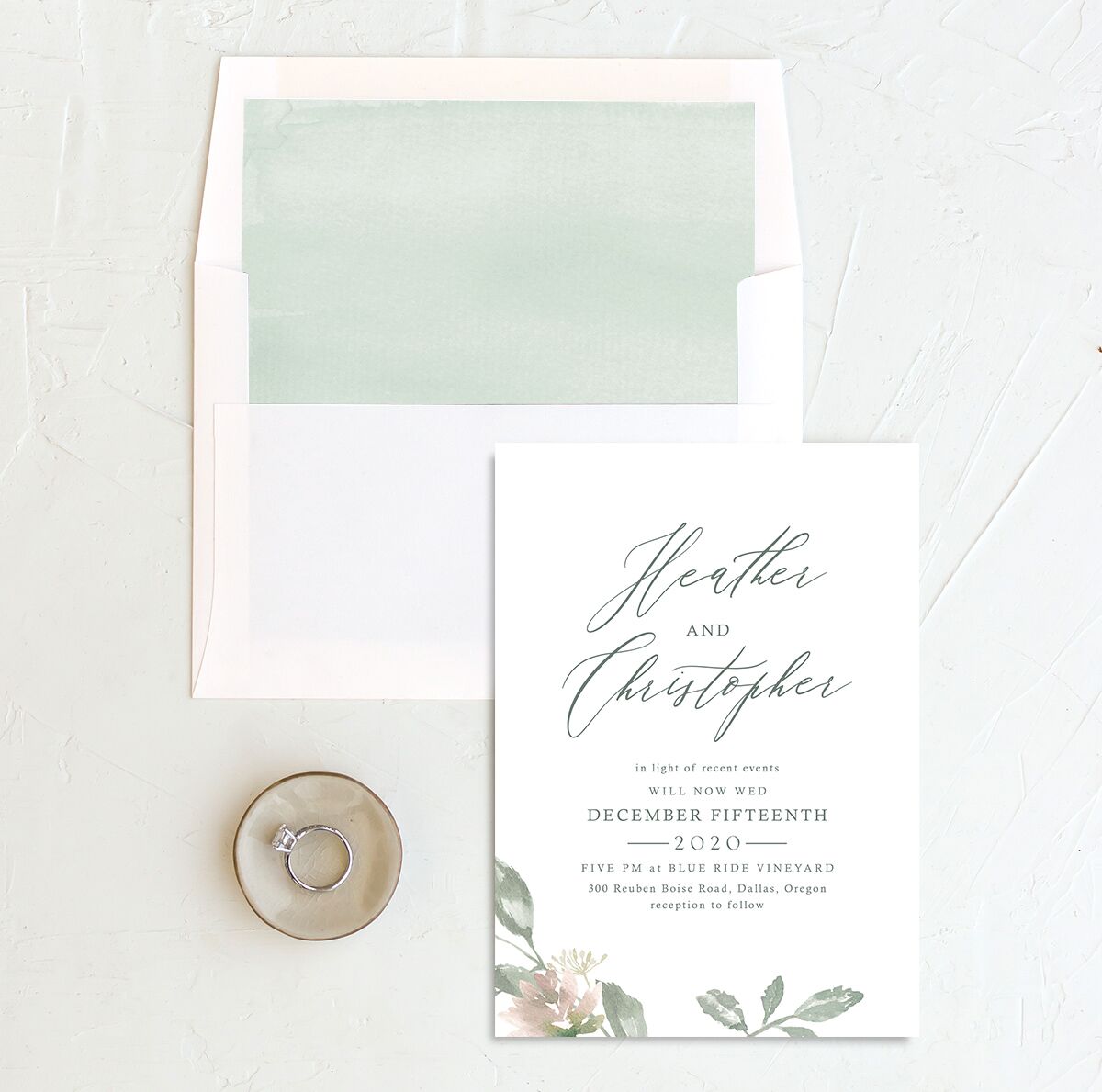 Watercolor Floral Change the Date Cards envelope-and-liner in Jewel Green
