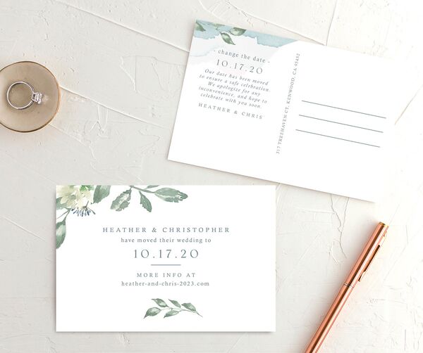 Watercolor Floral Change the Date Postcards front-and-back in Blue