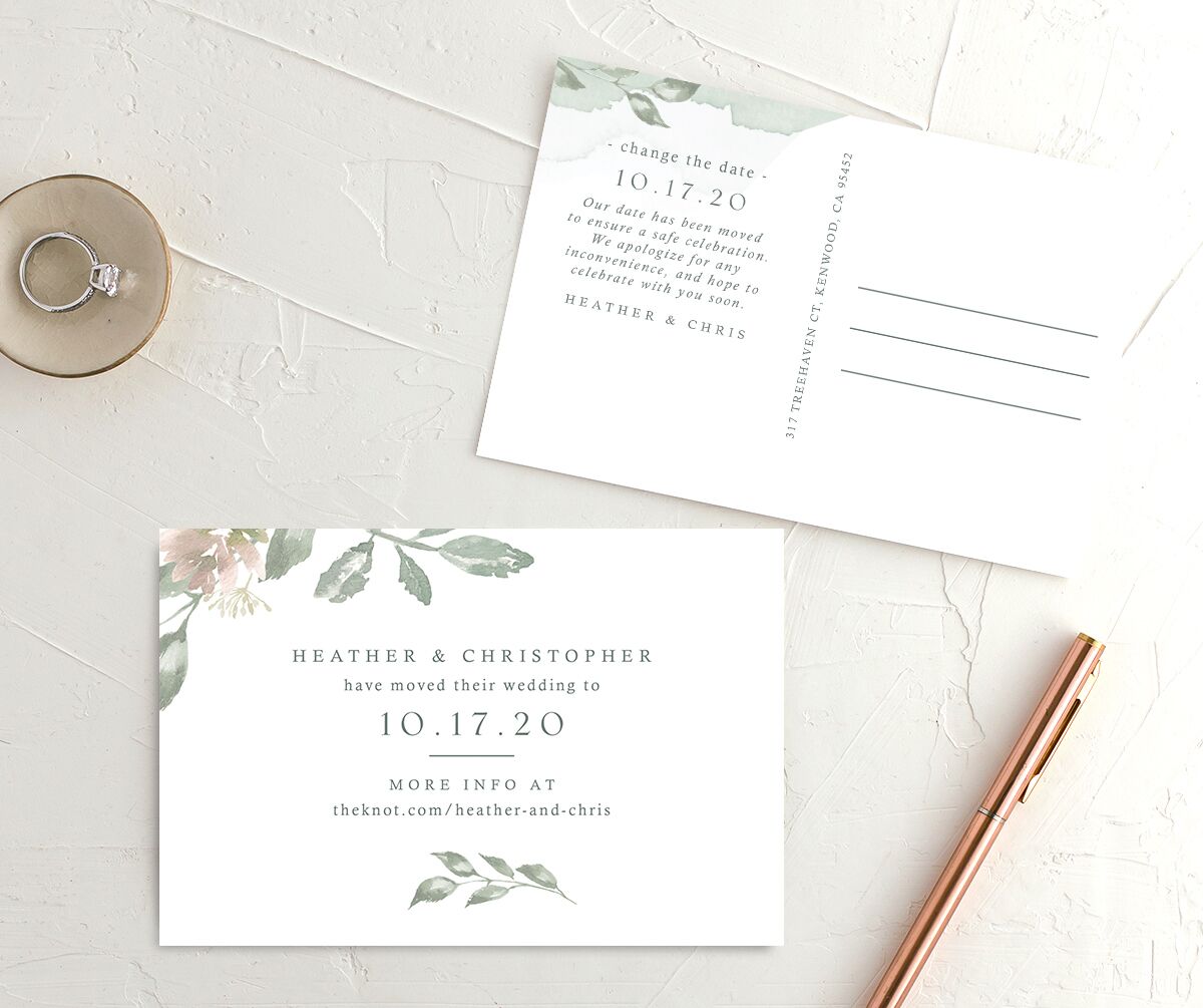 Watercolor Floral Change the Date Postcards front-and-back in Jewel Green
