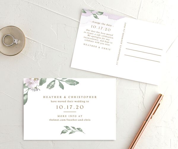 Watercolor Floral Change the Date Postcards front-and-back in Lilac