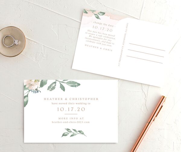 Watercolor Floral Change the Date Postcards front-and-back in Rose Pink
