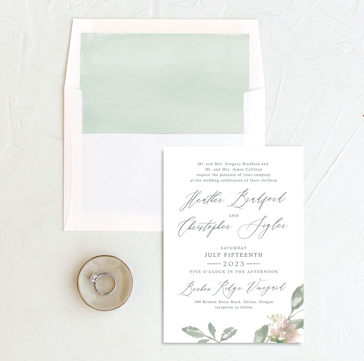 Watercolor Floral Envelope Liners envelope-and-liner in Jewel Green