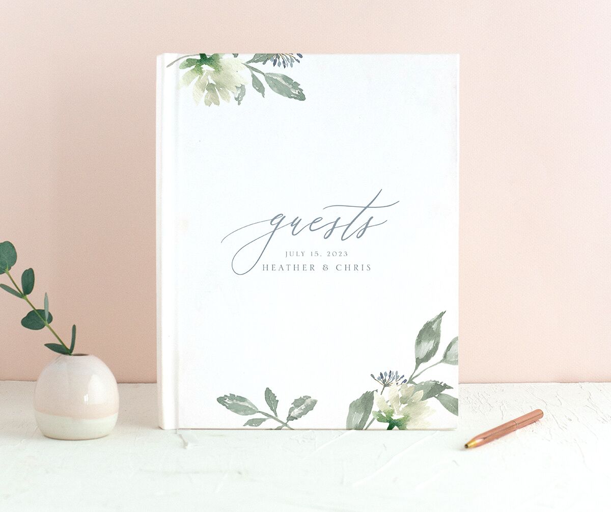 Watercolor Floral Wedding Guest Book front in Blue