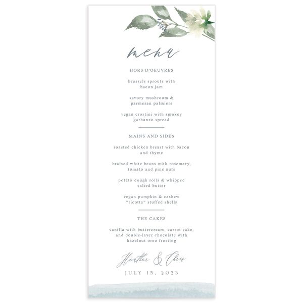 Watercolor Floral Menus front in French Blue