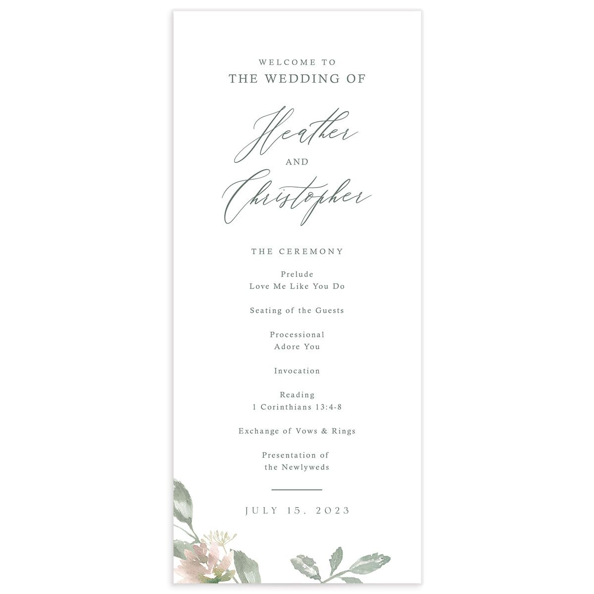 Watercolor Floral Wedding Programs front in Jewel Green