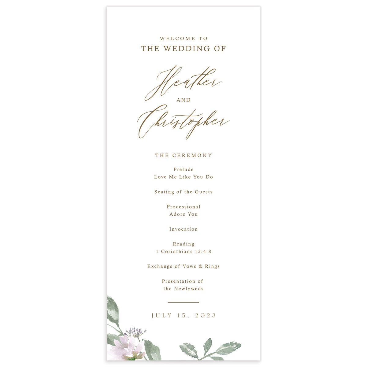 Watercolor Floral Wedding Programs front in Lilac
