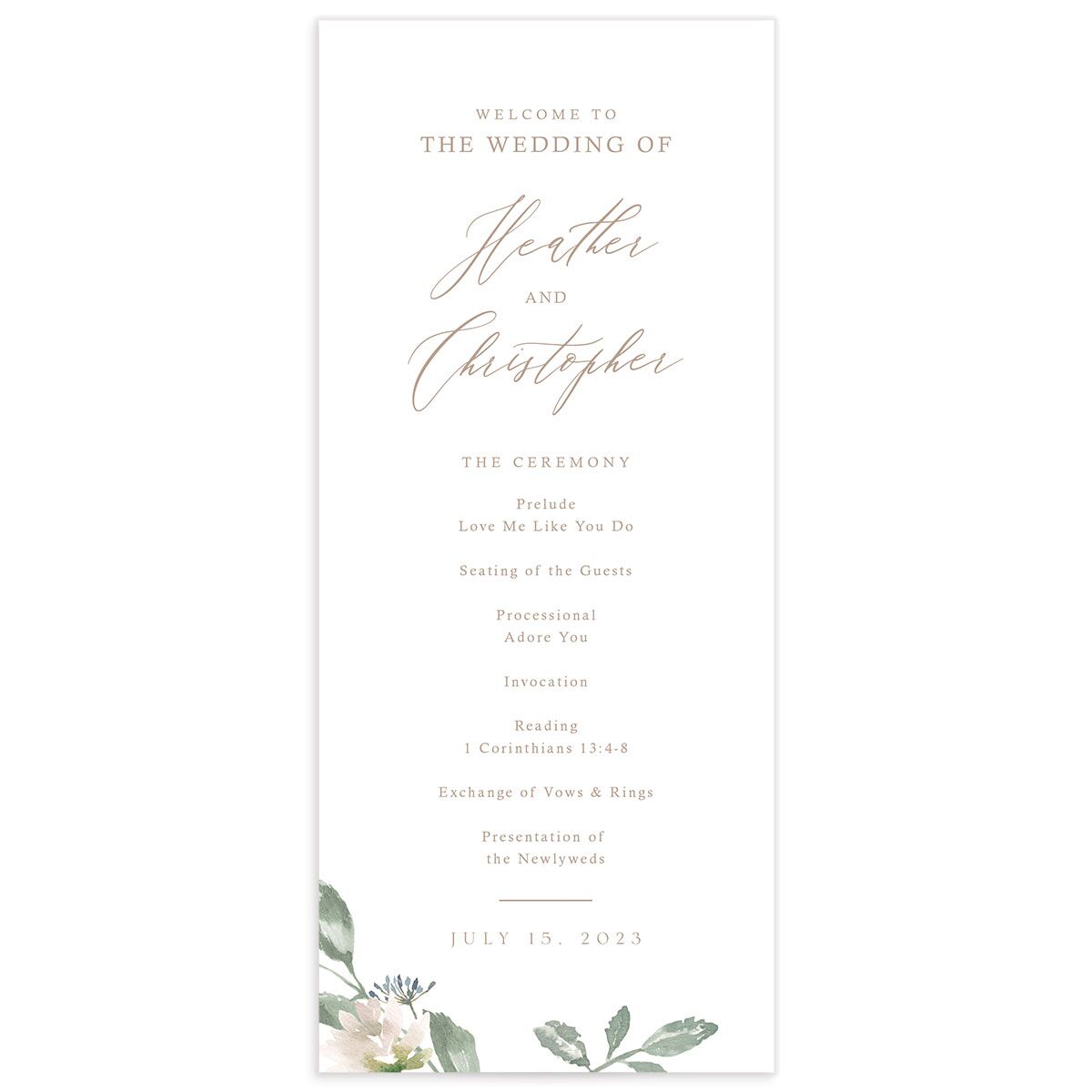 Watercolor Floral Wedding Programs front in Rose Pink