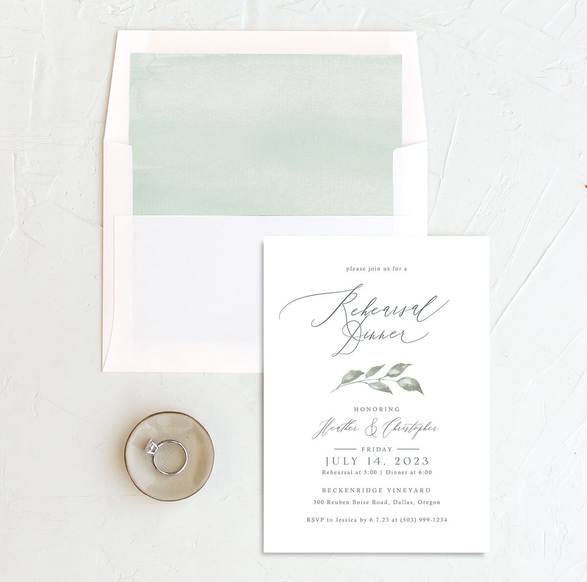 Watercolor Floral Rehearsal Dinner Invitations envelope-and-liner in Green