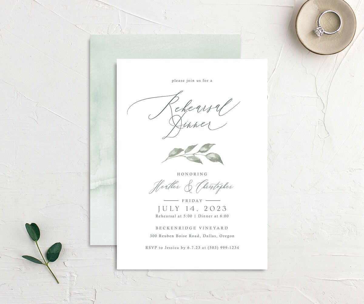 Watercolor Floral Rehearsal Dinner Invitations front-and-back in Green