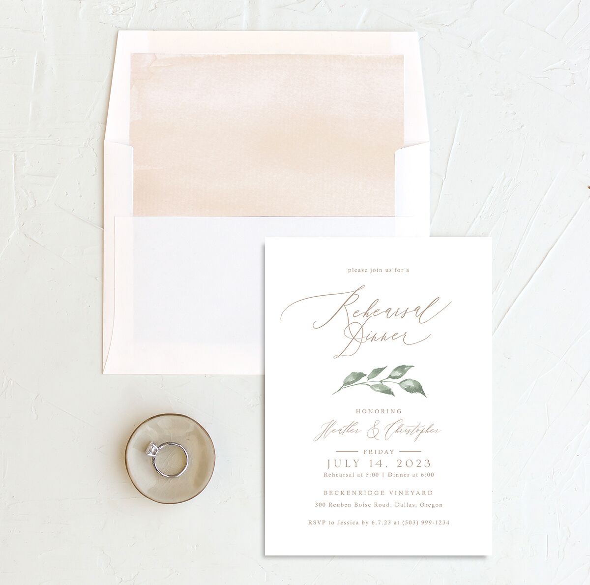 Watercolor Floral Rehearsal Dinner Invitations envelope-and-liner in Rose Pink