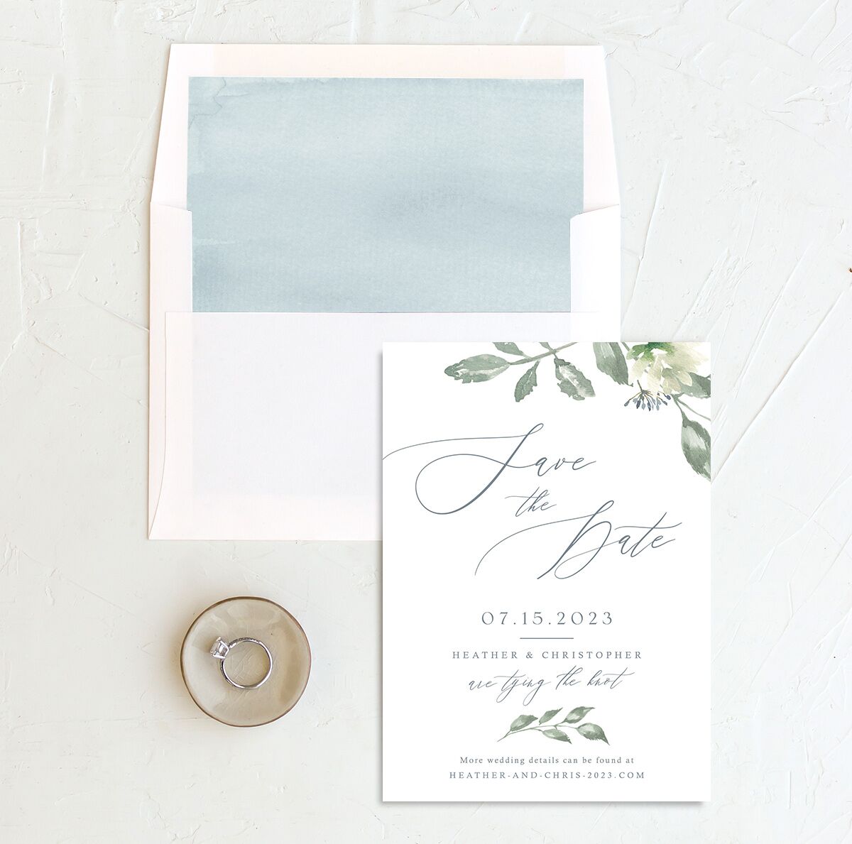 Watercolor Floral Save the Date Cards envelope-and-liner in French Blue