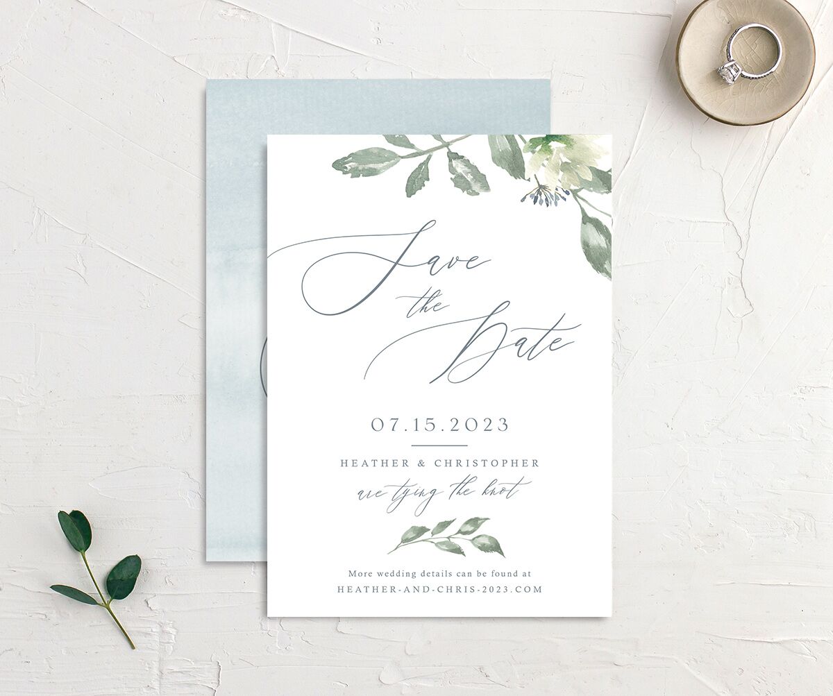 Watercolor Floral Save the Date Cards front-and-back in French Blue