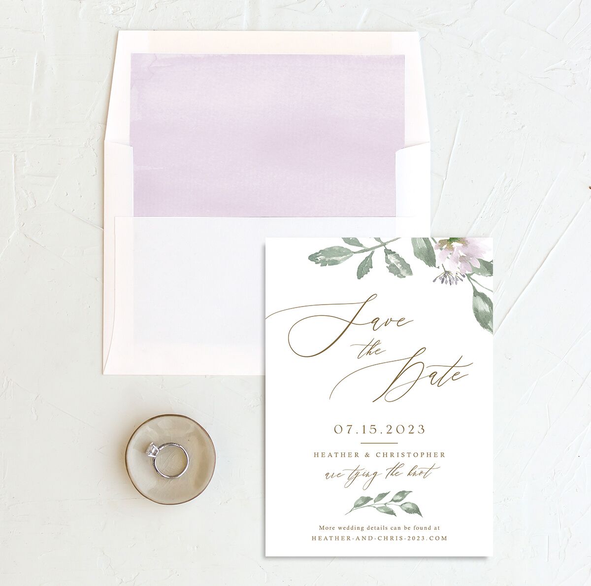 Watercolor Floral Save the Date Cards envelope-and-liner in Lilac