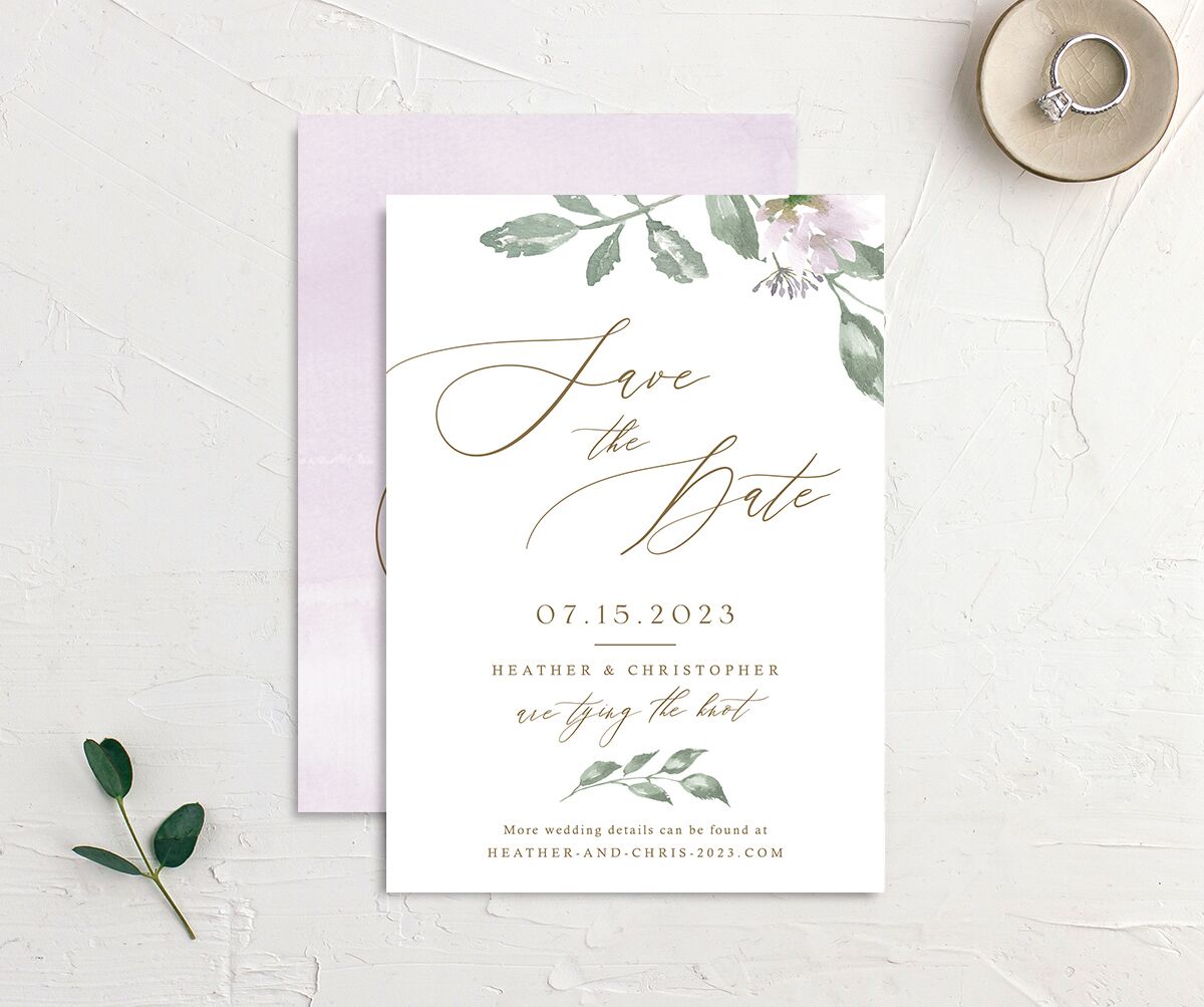 Watercolor Floral Save the Date Cards front-and-back in Lilac