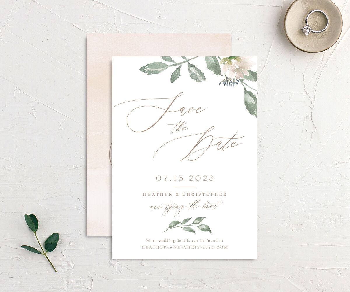 Watercolor Floral Save the Date Cards front-and-back in Rose Pink