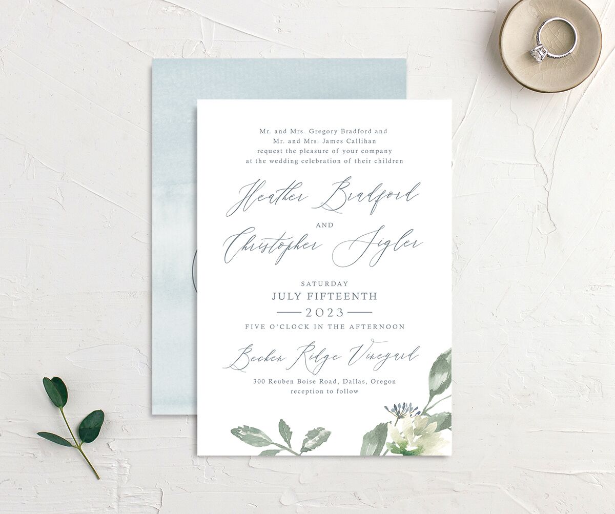 Watercolor Floral Wedding Invitations front-and-back in French Blue