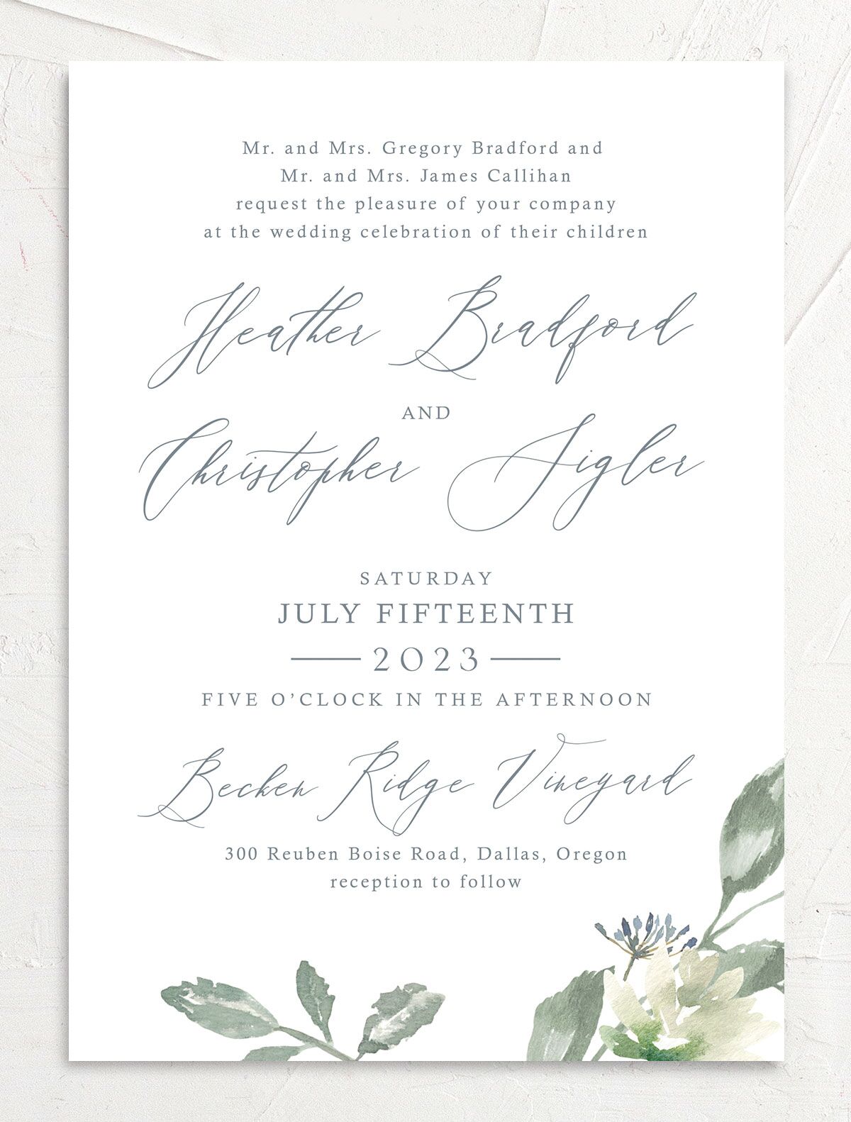 Watercolor Floral Wedding Invitations front in French Blue