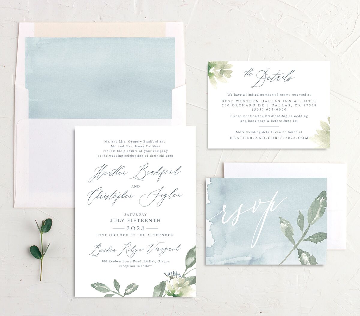 Watercolor Floral Wedding Invitations suite in French Blue