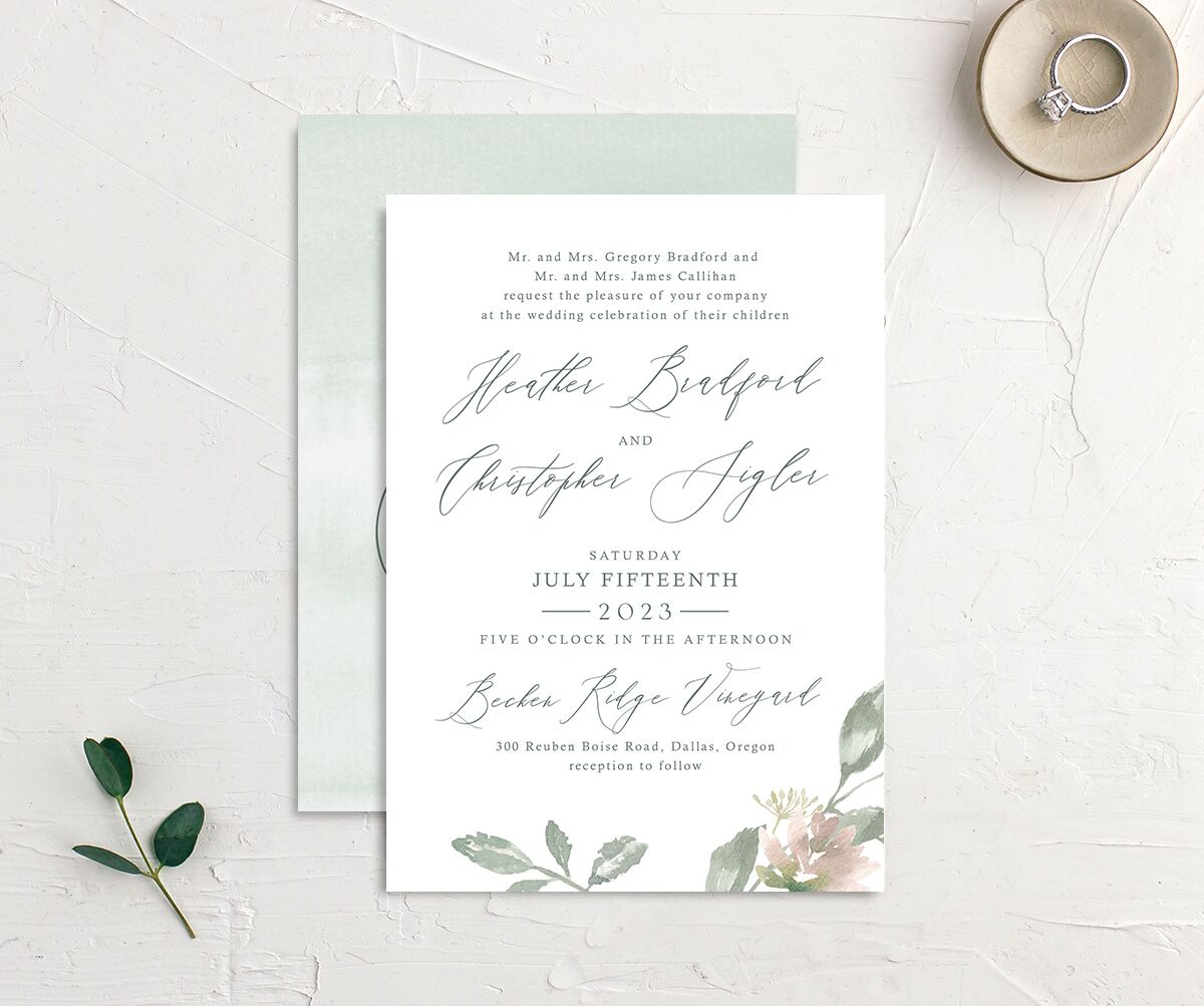 Watercolor Floral Wedding Invitations front-and-back in Jewel Green