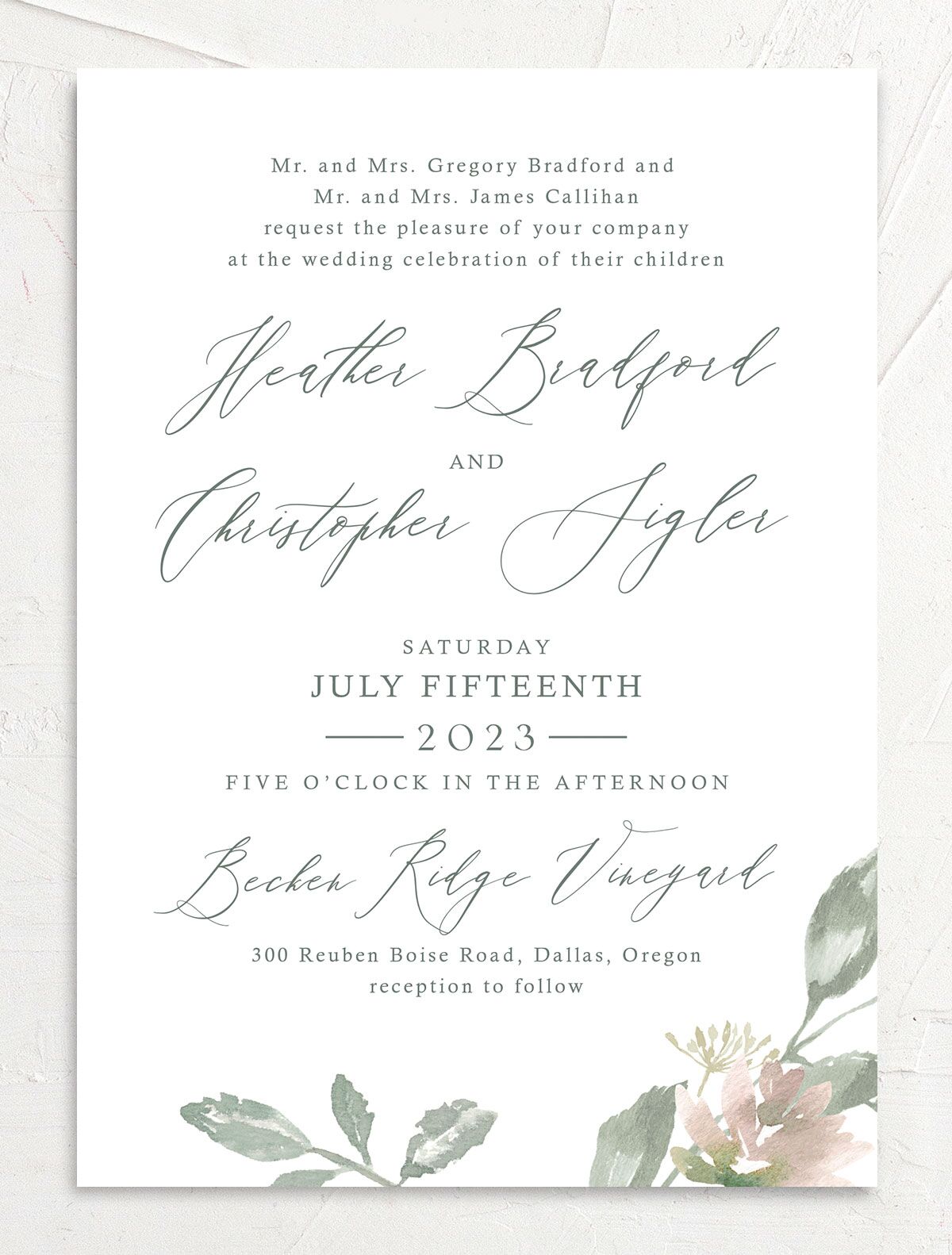 Watercolor Floral Wedding Invitations front in Jewel Green