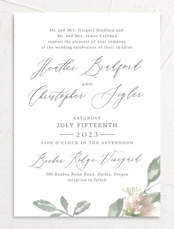 Watercolor Floral Wedding Invitations front in Jewel Green