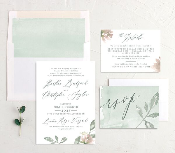 Watercolor Floral Wedding Invitations suite in Jewel Green