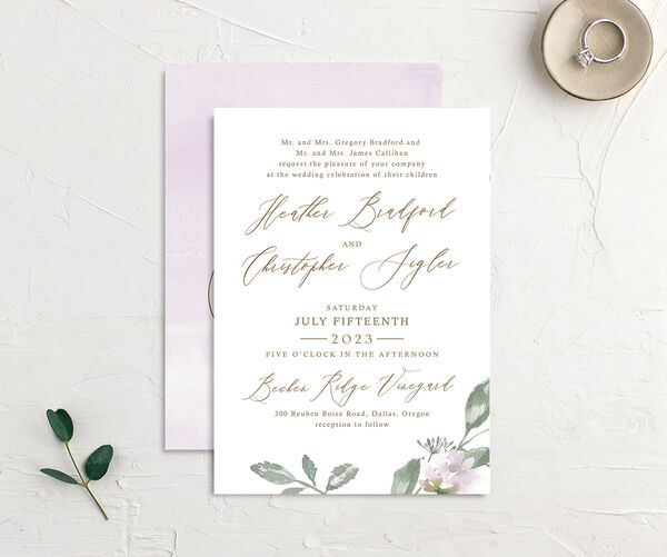 Watercolor Floral Wedding Invitations front-and-back in Lilac