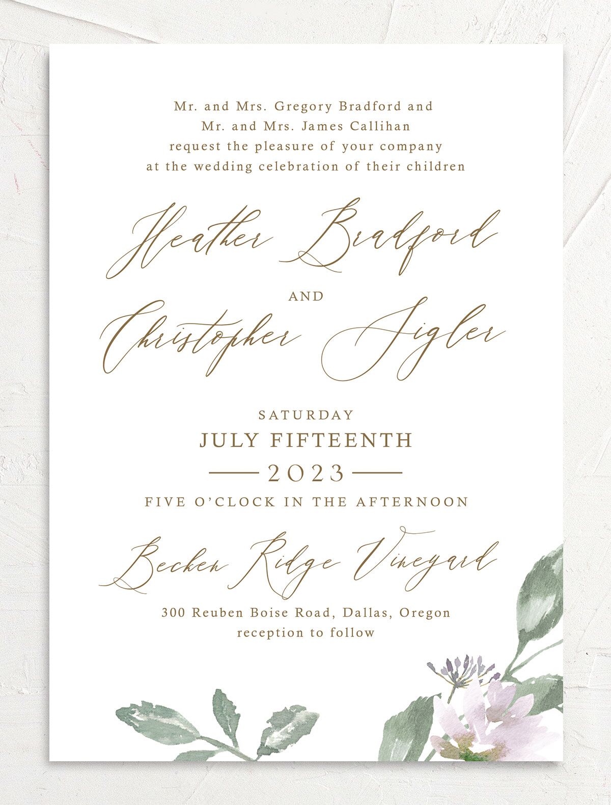 Watercolor Floral Wedding Invitations front in Lilac