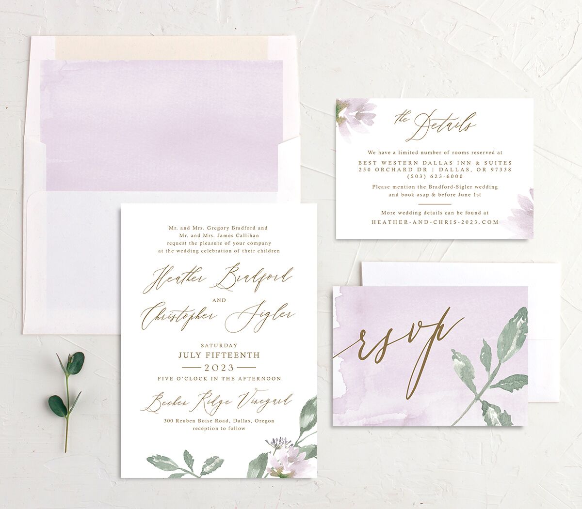 Watercolor Floral Wedding Invitations suite in Lilac
