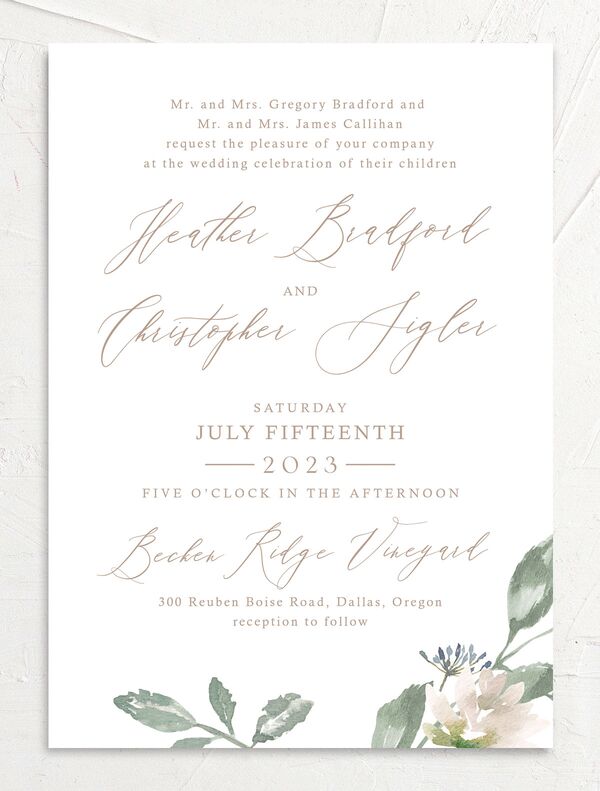 Watercolor Floral Wedding Invitations front in Rose Pink