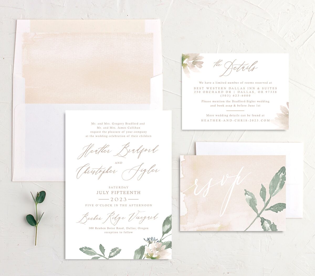 Watercolor Floral Wedding Invitations suite in Rose Pink
