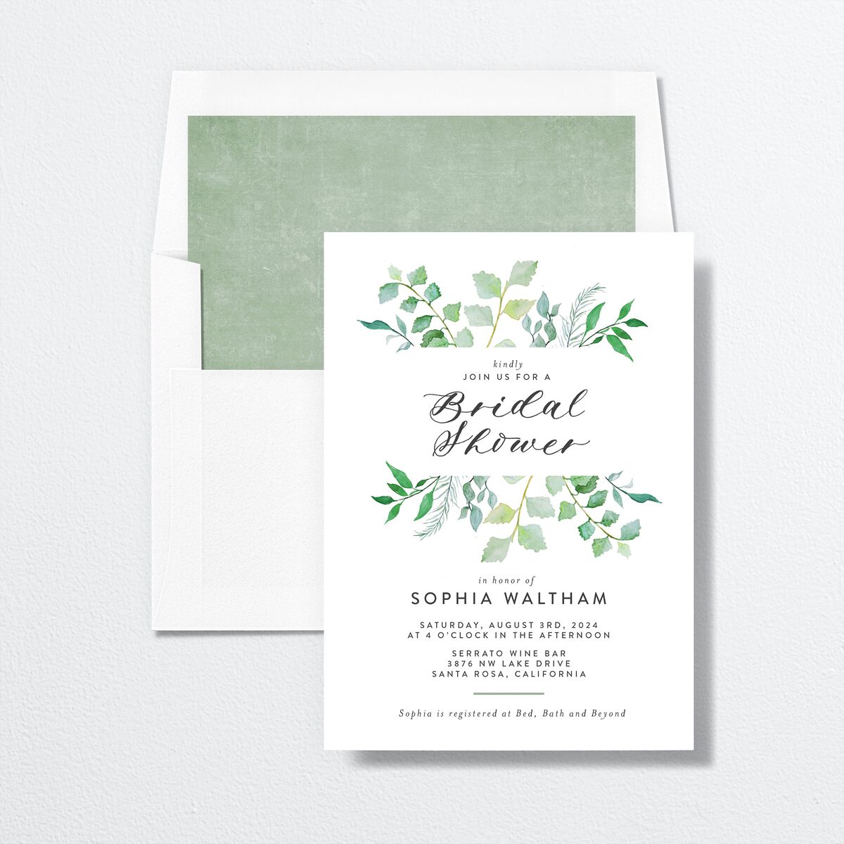 Bold Botanical Bridal Shower Invitations envelope-and-liner in Jewel Green
