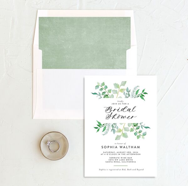 Bold Botanical Bridal Shower Invitations front-and-back in Jewel Green