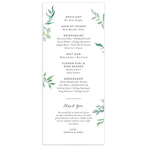 Bold Botanical Wedding Programs back in Jewel Green