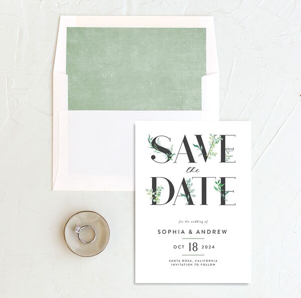 Bold Botanical Save the Date Cards envelope-and-liner in Jewel Green